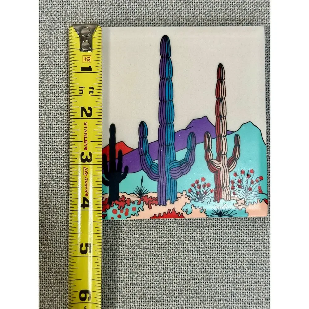 Set of 4 Colorful Desert Cactus Ceramic Tile Coaster Southwestern Boho Cork Back